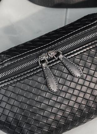 Мужская сумка бананка плетеная черная экокожа, сумка-бананка поясная переплет