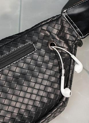 Мужская сумка бананка плетеная черная экокожа, сумка-бананка поясная переплет