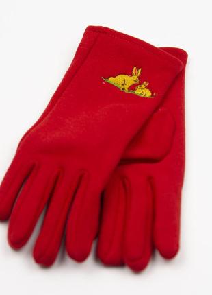Підліткові трикотажні рукавички  із вишивкою зайчики (арт. 18-4-13/5) червоний2 фото