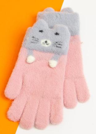 Детские перчатки для девочек 4 - 5 - 6 лет зимние двойные с кошечкой (арт. 20-25-8)  розовый