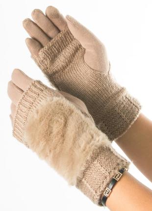 Текстильні жіночі рукавички-рукавиці з в'язкою № 19-1-55-1 бежевий m