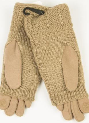 Текстильные женские перчатки-митенки с вязкой № 19-1-55-1 бежевый m4 фото