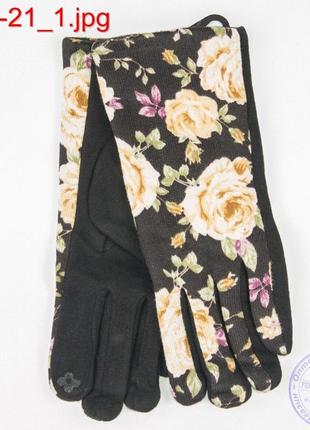 Женские трикотажные стрейчевые перчатки для сенсорных телефонов с цветами - №17-1-211 фото