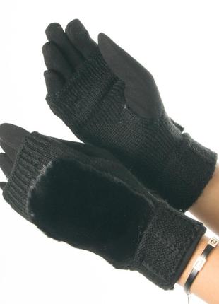 Текстильные женские перчатки-митенки с вязкой № 19-1-55-4 черный m1 фото