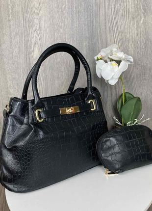 Женская сумка набор + клатч косметичка 2 в 1 под рептилию, сумочка на плечо в стиле кожа рептилии8 фото