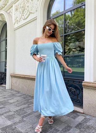 Платье миди макси лиф корсет резинка с высоким разрезом на юбке с короткими рукавами фонариками буфами голубой черный фуксия фисташка оливка мокко