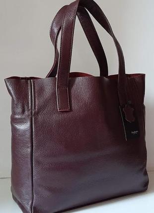 Жіноча сумка тоут з натуральної шкіри з накладними кишенями марсала4 фото