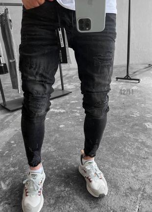 Зауженные мужские джинсы с потертостями премиум качественные черные