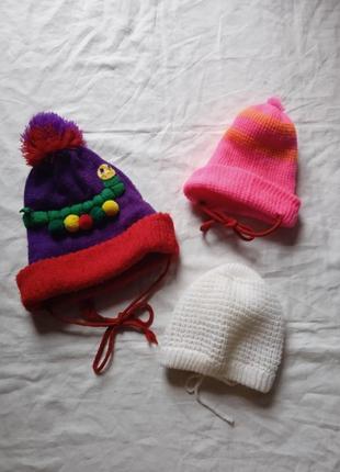 Шапочка для немовля дитяча шапка розова біла фіолетова для дівчинки на девочку тепла тепленька зимова вязана