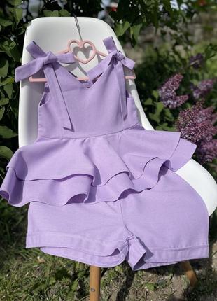 Костюм святковий лавандовий з льону топ на завязках та шортики