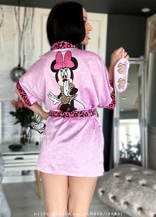 Шовковий комплект (халат та нічна сорочка) з принтом minnie mouse, рожевий3 фото