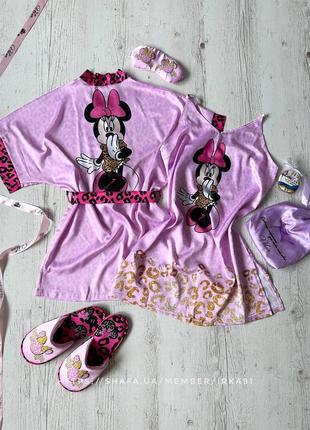 Шовковий комплект (халат та нічна сорочка) з принтом minnie mouse, рожевий2 фото