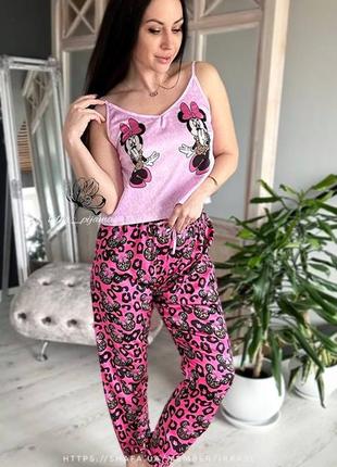Шовкова піжама (майка, шорти і штани) з принтом minnie mouse, рожева