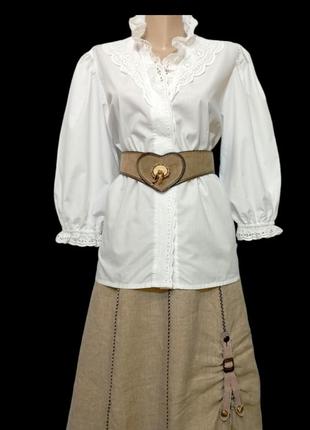 Белая блуза с пышными рукавами, с прошвой, винтажная.1 фото