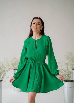 Платье 100% хлопок муслин с поясом косичкой в стиле бохо с длинными рукавами фонариками расклешенное малина зелёное капучино молочное8 фото