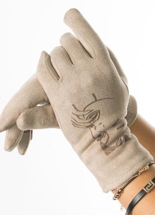 Женские перчатки из искусственной замши с принтом  № 19-1-64-5 бежевый s2 фото