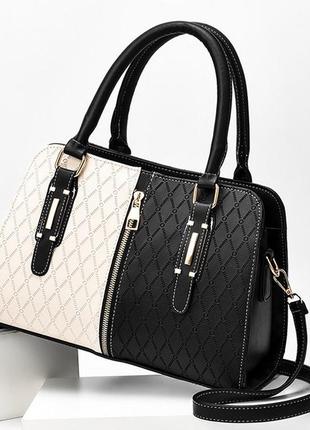 Оригинальная женская сумка на плечо черно-белая комбинированная, женская сумочка эко кожа белая черная7 фото