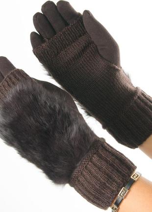 Текстильні жіночі рукавички-рукавиці з в'язкою і вставкою з штучного хутра (коричневі) № 19-f10-2