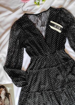 Романтичное платье черная в горох сеточка с v вырезом и прозрачные рукава короткое платье черное3 фото