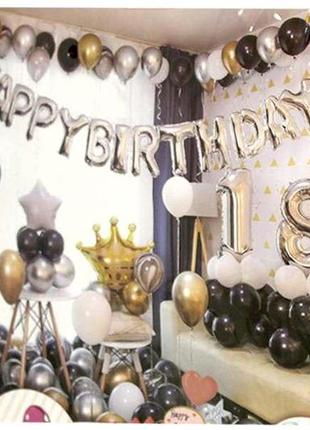 Набір декору happy birthday 18. дизайн в золотих, срібних, чорних тонах (банер, кульки), t-8997
