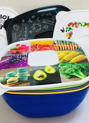 Салатник пластиковый "лотос" с крышкой с рисунком 2,5л, микс цветов, бп-4691 фото