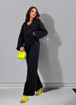 Шикарный костюм из муслина черный малиновый брюки штаны палаццо широкие прямые на резинке кофта туника блуза рубашка свитшот с длинными рукавами2 фото