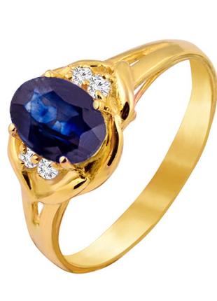 Золотое кольцо с сапфиром и бриллиантами 0,08 карат 17 мм. желтое золото