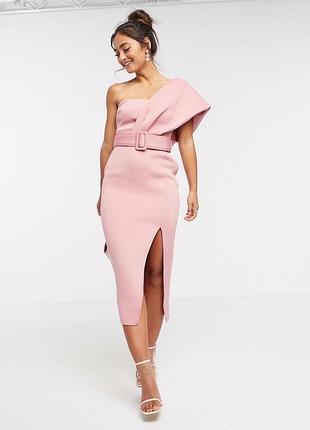 Розовое платье миди с поясом asos design