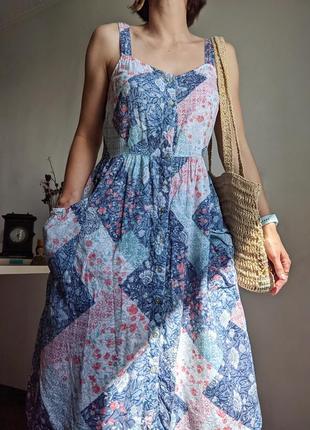 Платье сарафан пэчворк карманы миди на пуговицах голубой цветы лето хлопок s m