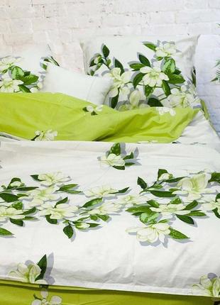 Євро комплект постільної білизни квіти листя білий зелений бязь голд люкс віталіна2 фото