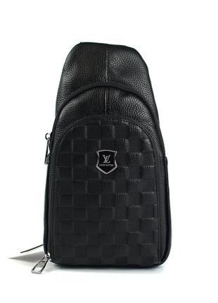 Шкіряний брендовий чоловічий слінг рюкзак через плече, нагрудна чорна сумочка з натуральної шкіри1 фото