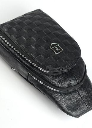 Кожаный брендовый мужской слинг рюкзак через плечо, нагрудная черная сумочка из натуральной кожи5 фото