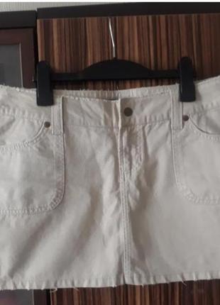 Светлая бежевая натуральная котоновая короткая джинсовая юбка