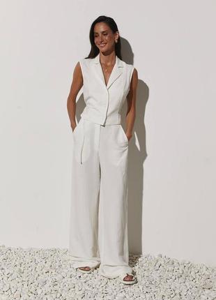 Льняний костюм білий з брюками і жилеткою