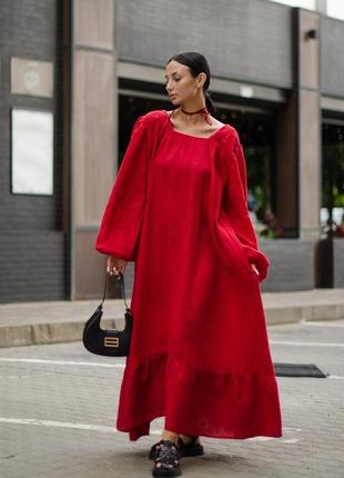 Червона сукня максі з відритою спиною та об'ємними рукавами в стилі бохо з натурального льону10 фото