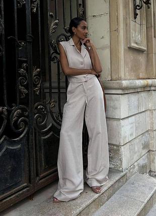 Костюм льняной как za укороченная жилетка пиджак приталенная безрукавка на пуговицах
широкие брюки штаны палаццо летний комплект черный белый бежевый