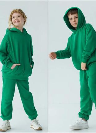 Качественный спорт костюм оверсайз на девочку трехнить без утеплителя зеленый