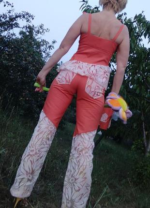 Летний оранжевый джинсовый брючный костюм: топ и брюки, размер s5 фото