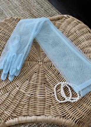Перчатки длинные высокие голубые прозрачные фатиновые,фатин3 фото