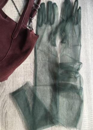 Перчатки длинные высокие зеленые, изумрудные прозрачные фатиновые, фатин4 фото