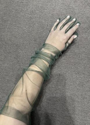 Перчатки длинные высокие зеленые, изумрудные прозрачные фатиновые, фатин5 фото