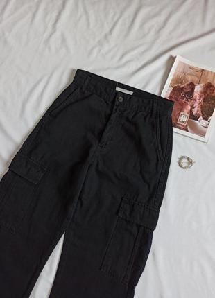 Черные прямые брюки/джинсы карго на высокой посадке/трубы/с накладными карманами5 фото