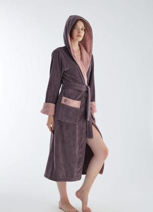 Женский махровый халат с поясом банный домашний, пушистый халат с капюшоном натуральный лиловый m