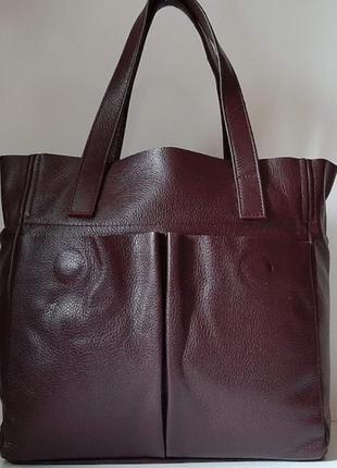 Жіноча сумка тоут з натуральної шкіри з накладними кишенями марсала1 фото