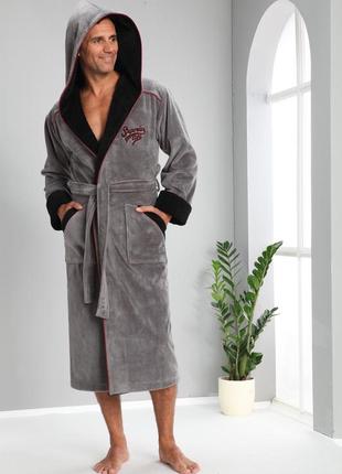 Мужской махровый халат велюровый на поясе длинный, халаты мужские с капюшоном домашний серый l/xl