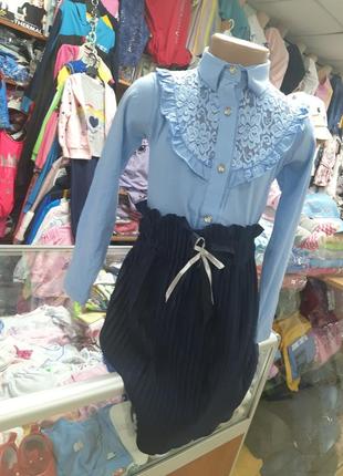 Голубая школьная рубашка блузка для девочки р.146 152 1588 фото
