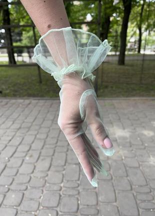 Перчатки прозрачные короткие мятные, кислотные зелёные, аксессуары, костюм1 фото