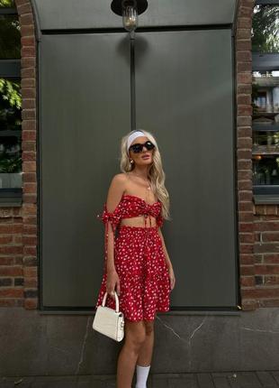 Женский костюм летний в цветочный принт юбка миди + и топ топик красный