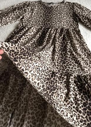 Свободное ярусное платье-миди в животный принт с объемными руквами/платье с воланами из новых коллекций za6 фото