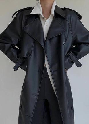 Женский кожаный тренч, шкіряне пальто, черный  плащ4 фото